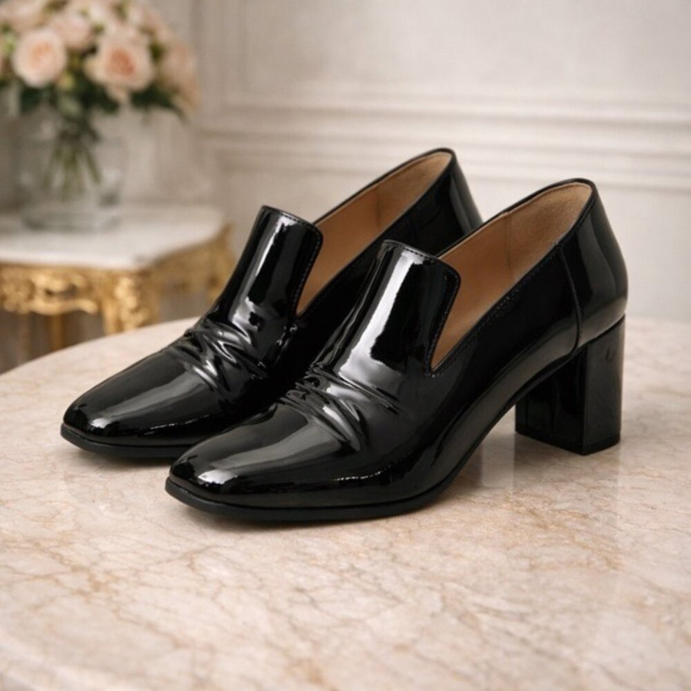 Aquatalia Black Patent Leather Block Heel Loafers Made Italy Size 9 Quiet Luxury